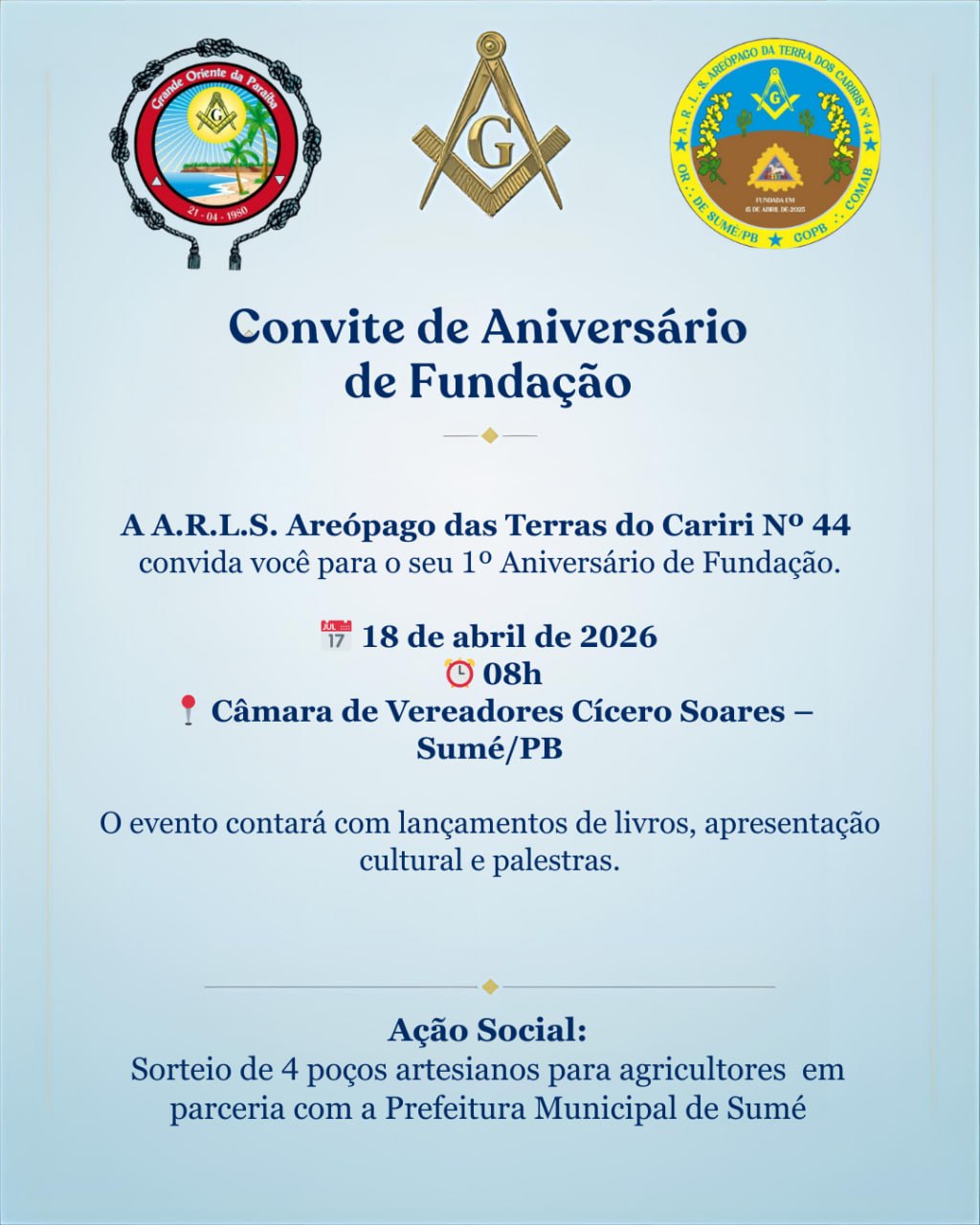 Loja Maçônica de Sumé celebra 1º aniversário com programação cultural e ação social no próximo sábado (18)
