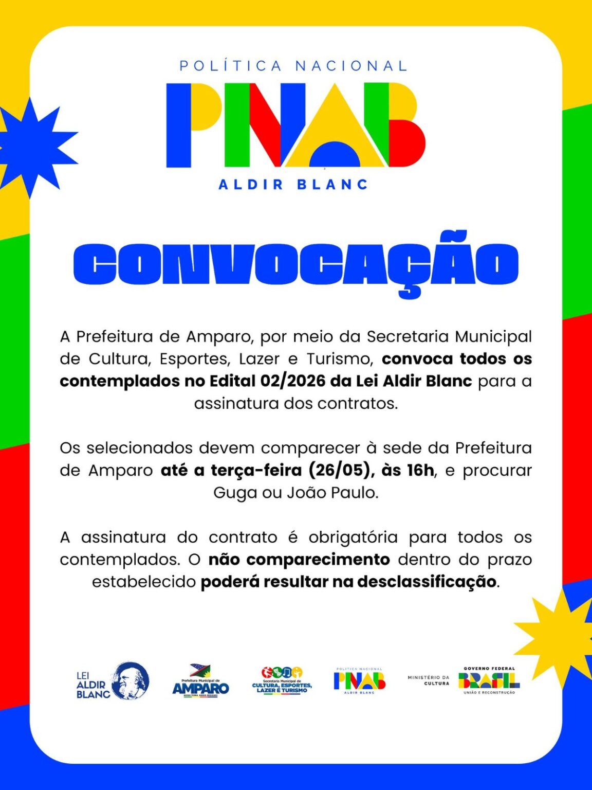 Prefeitura de Amparo convoca contemplados da Política Nacional Aldir Blanc para assinatura de contratos