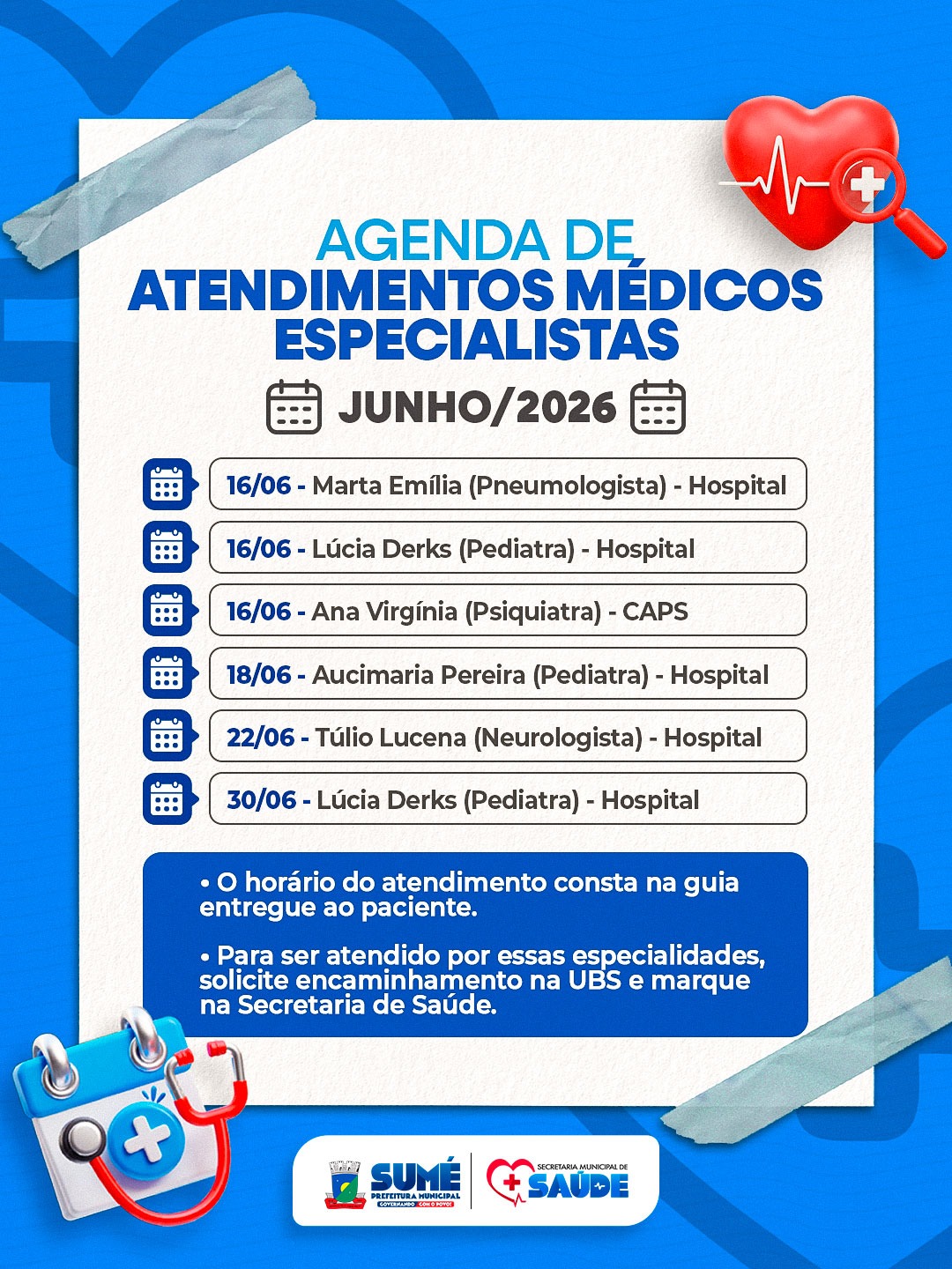 Saúde de Sumé divulga calendário de atendimentos especializados do mês de junho