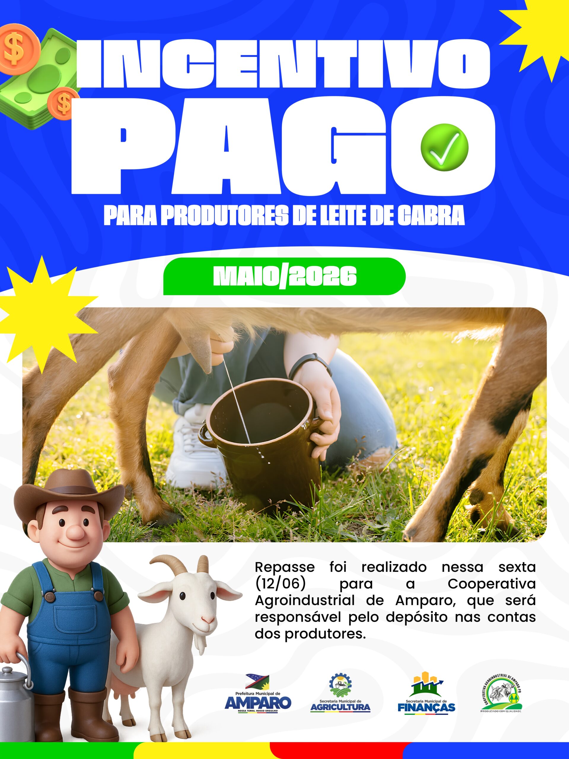 Prefeitura de Amparo repassa incentivo do Leite de Cabra referente ao mês de maio
