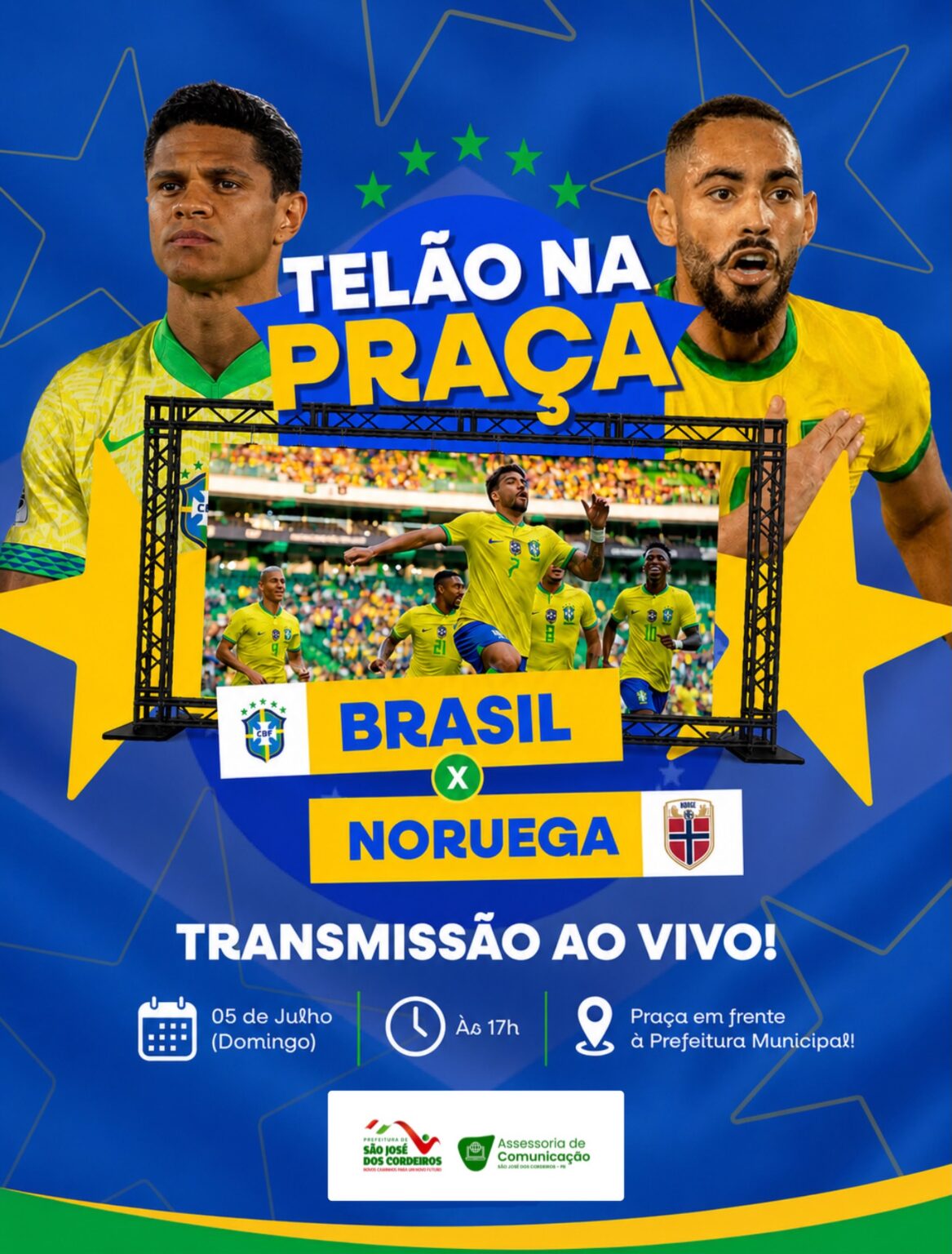 Prefeitura de São José dos Cordeiros vai transmitir jogo do Brasil em telão na praça