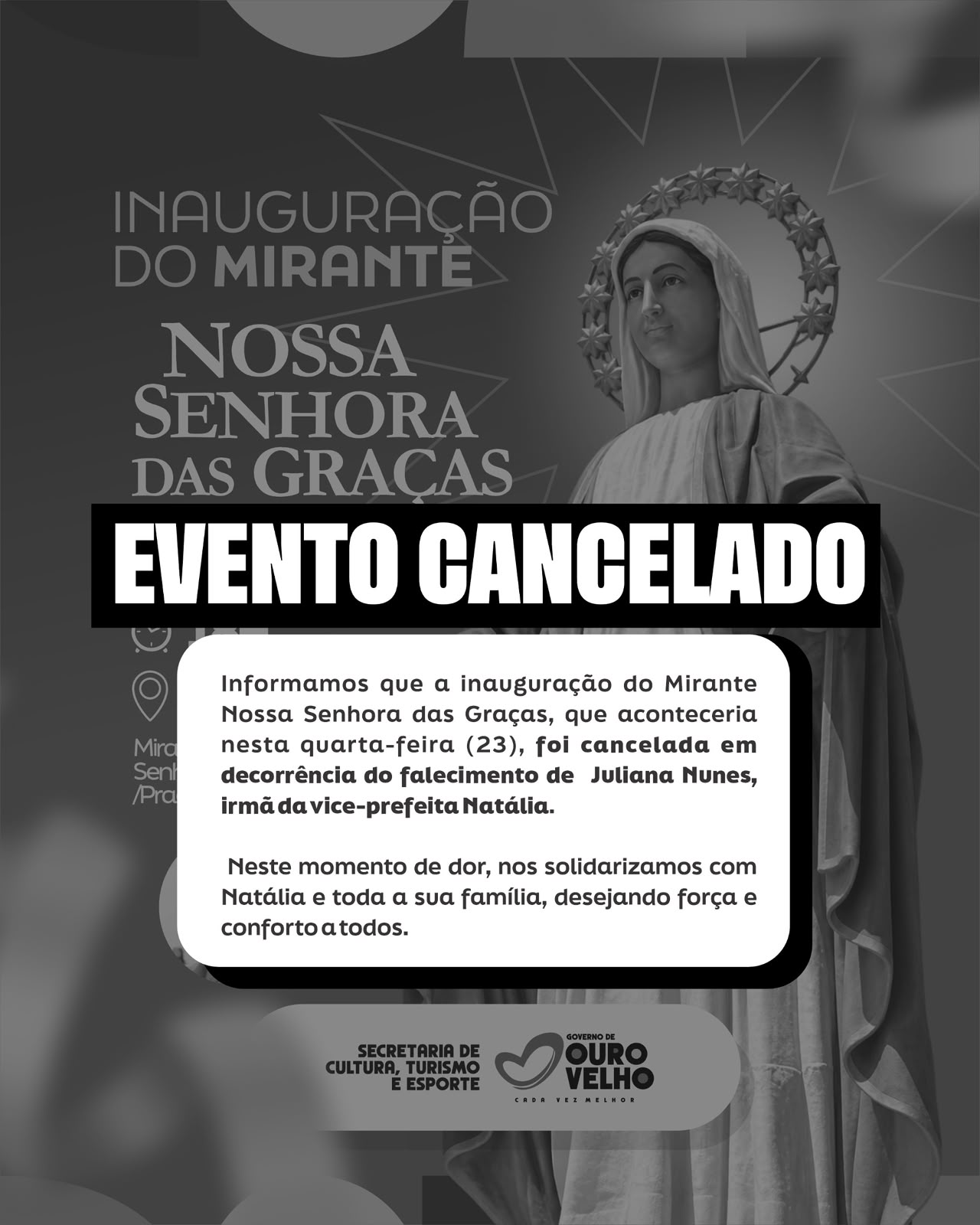Inauguração do Mirante Nossa Senhora das Graças é cancelada em Ouro Velho