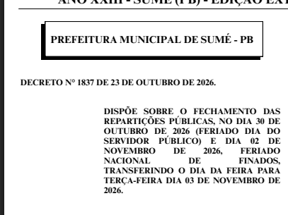 Prefeitura de Sumé altera data da feira durante feriados de outubro e novembro